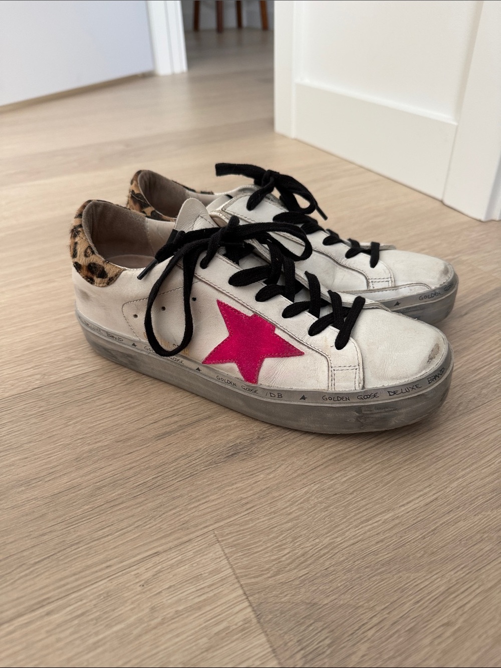 Golden Goose Women's White Leather Sneakers with Pink Star and Leopard Heel